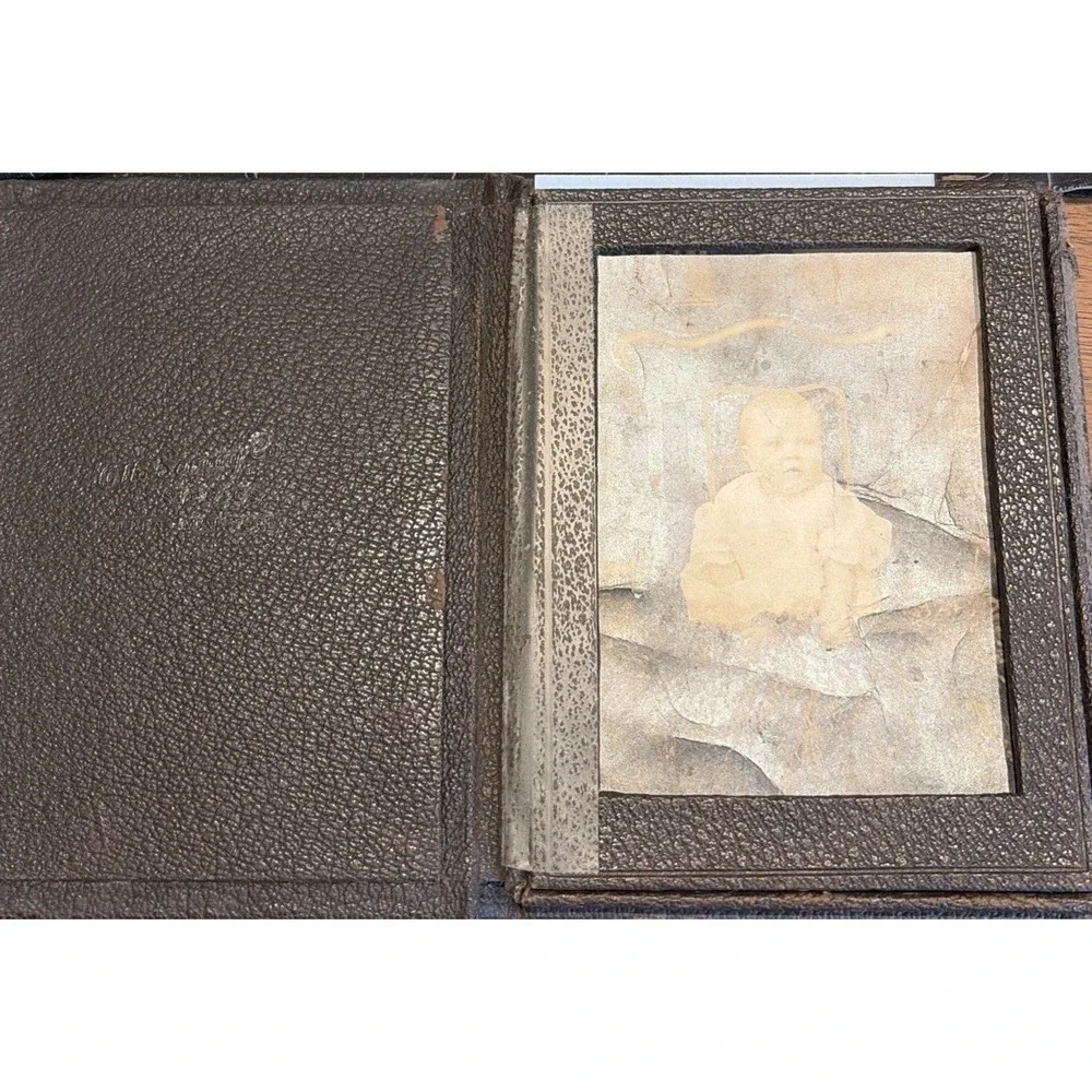 Antique Glass Plate Photograph Family Portrait In Leather Case c1920 Sepia Photo